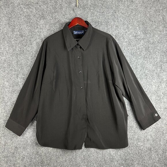 Susan Graver Top Womens 1X Button Up Black Stretch Shirt Long Sleeve Split Hem - Picture 1 of 8